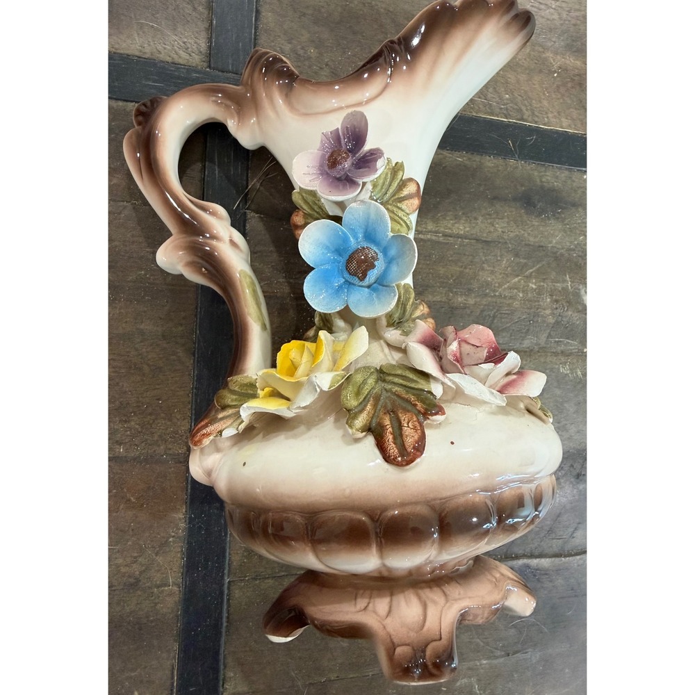 Vintage Ceramic Floral Pitcher Vase 3D Applied Flowers Cream Brown 10 Inch - Picture 1 of 5